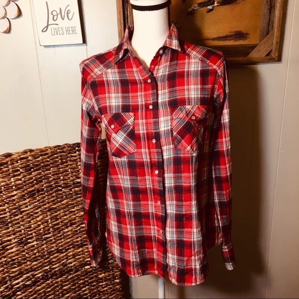 RU snap front and sleeve plaid embroidered shirt